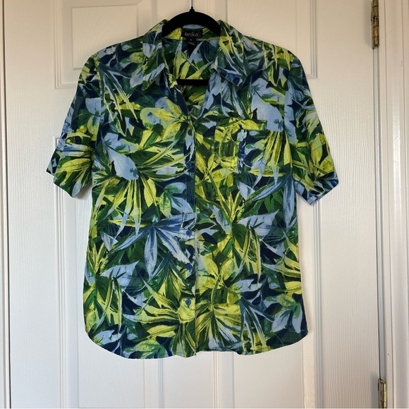Erika Green Blue Floral Hawaiian Shirt Size Medium - Picture 1 of 8